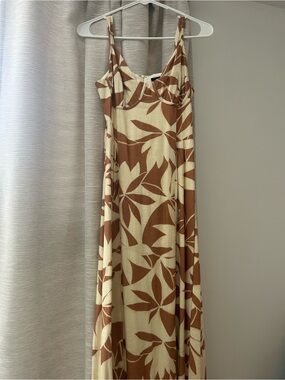 Lulu's Cream and Brown Leaf-Print Maxi Dress